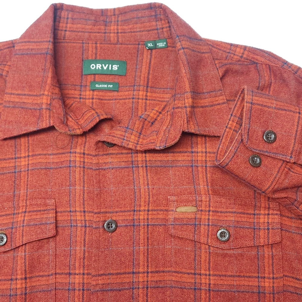 Orvis Flannel Shirt Mens XL Orange Plaid Cotton Button Up Pockets